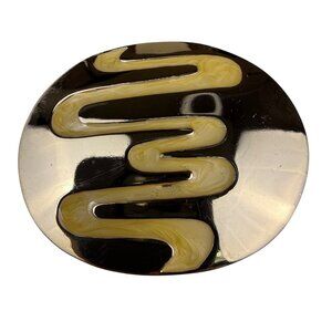 Vintage Oval Enamel Belt Buckle Gold & Cream Abstract Design